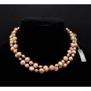 CGI Freshwater Pearl Long Necklace Hand-Knotted Natural Iridescent Peach